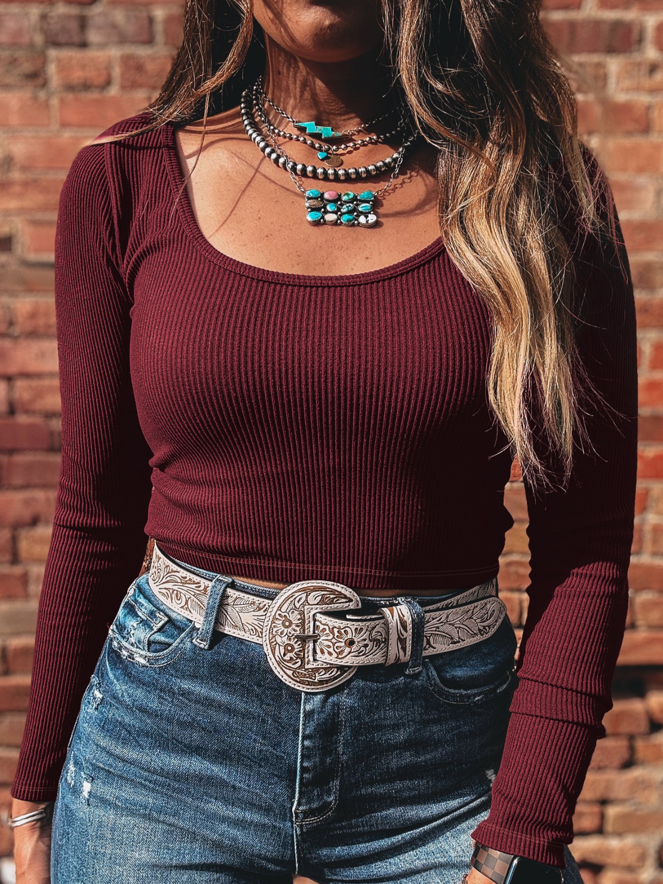 Ribbed Knit Long Sleeve Fitted T-Shirt