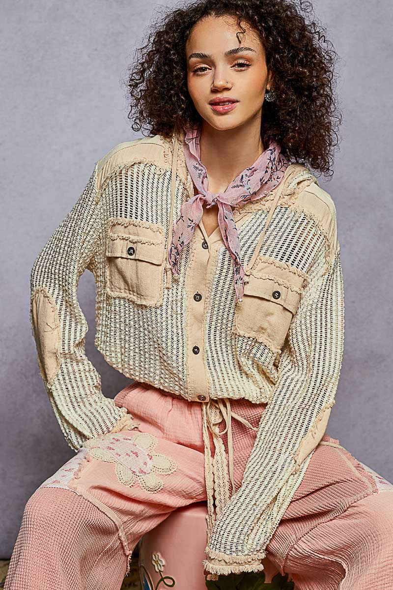 Texture Woven Button Down Hooded Shirt with Drawstring Hem