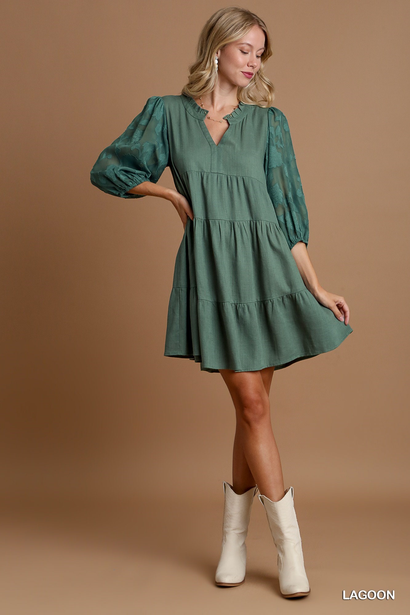 Umgee Floral Contrast Sleeve Tiered Dress