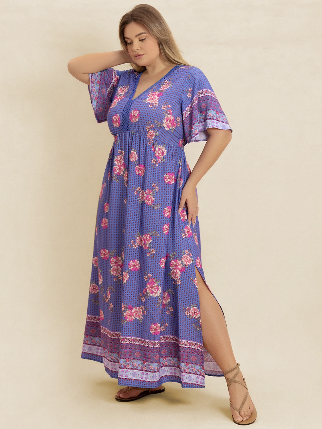 Plus Size Printed V-Neck Flutter Sleeve Dress