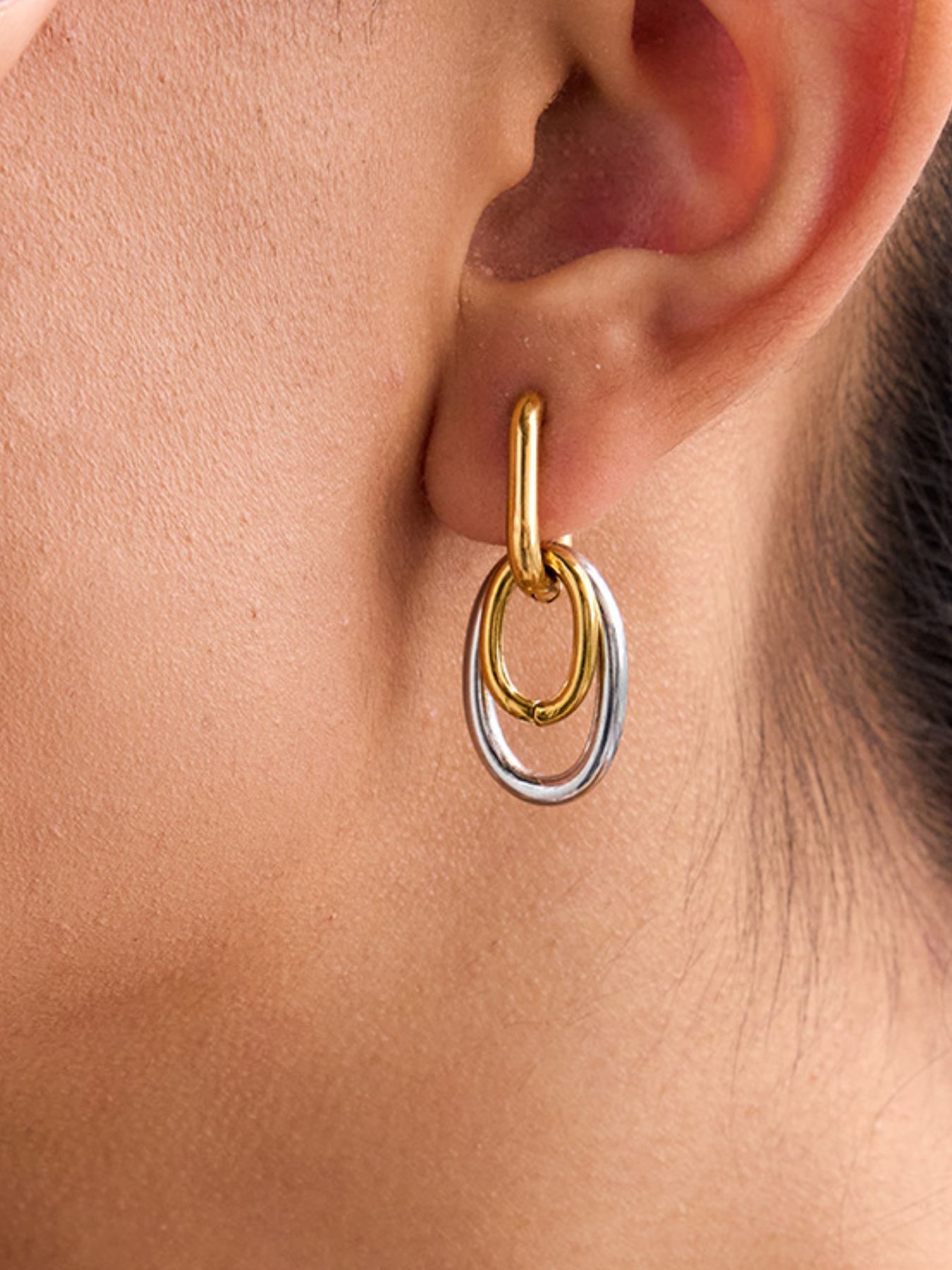 Stainless Steel Two-Tone Interlocked Hoop Earrings