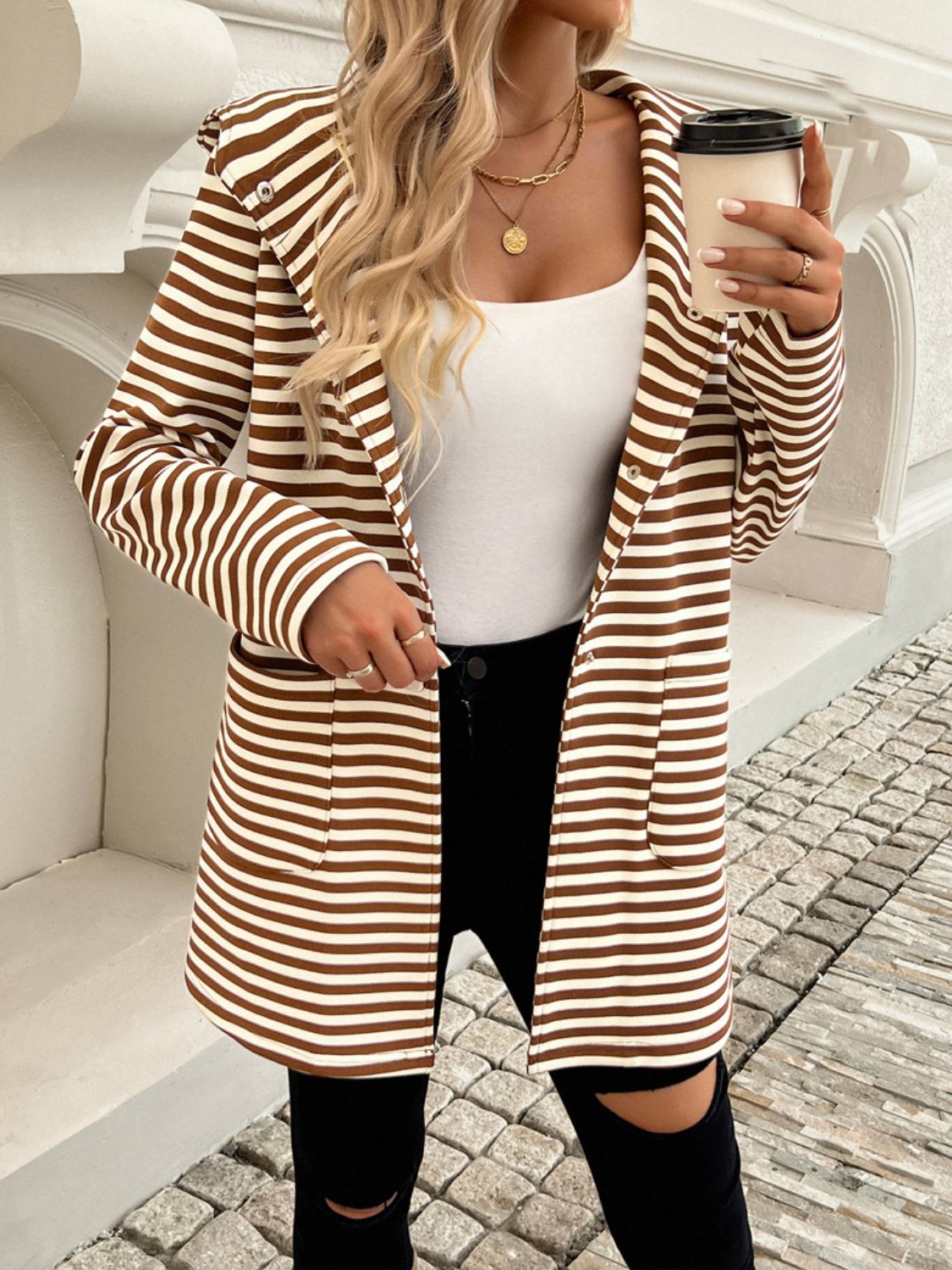 Striped Long Sleeve Hooded Outerwear