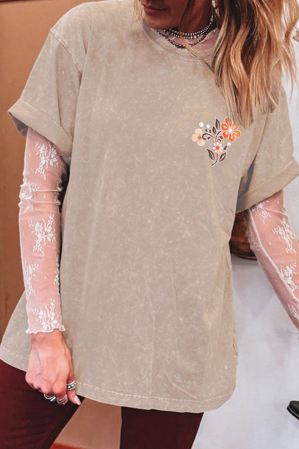 Mineral Wash Floral Steer Head Printed Back Western Fashion Tee