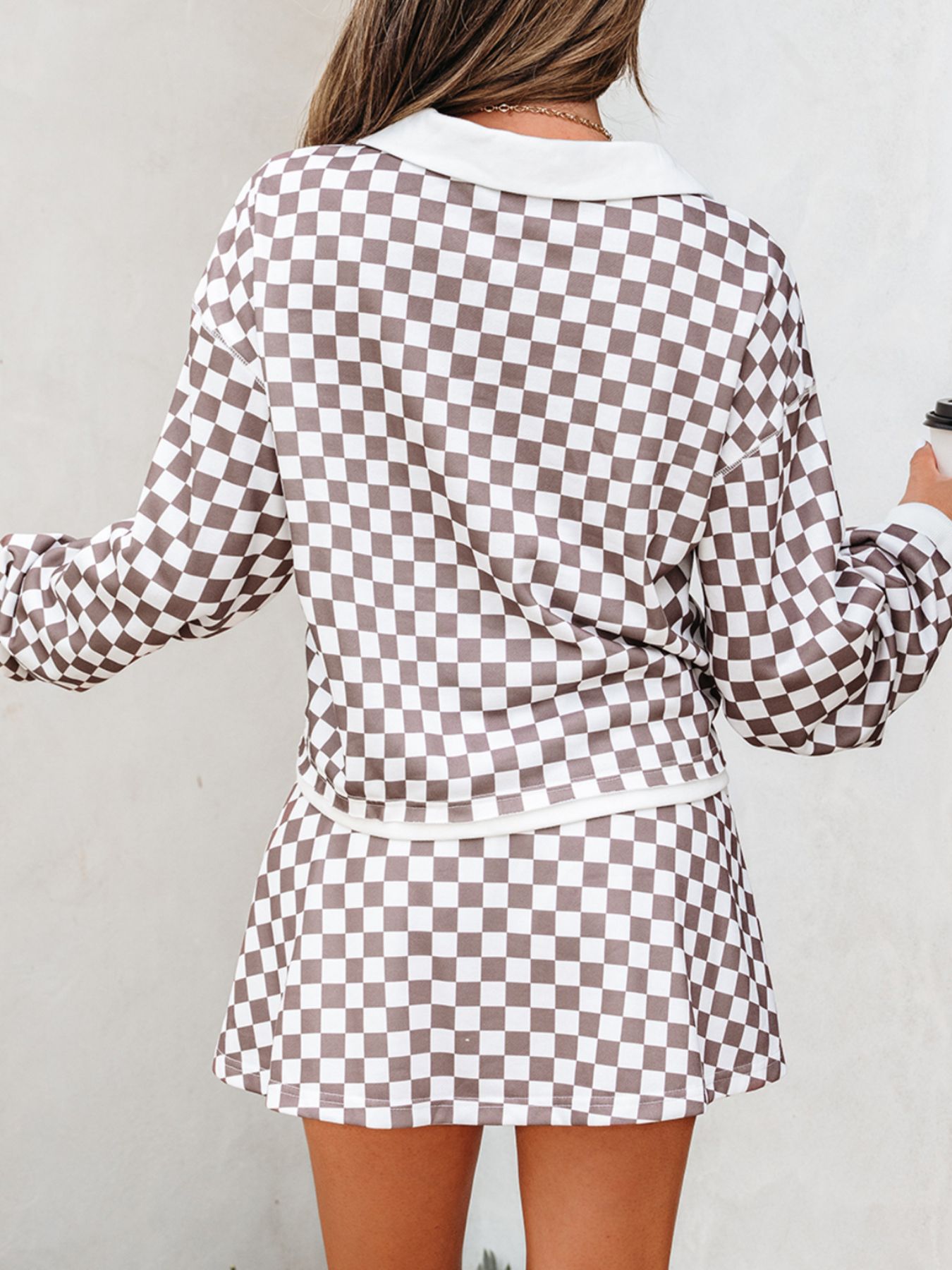 Checkered Print Polo Collar Cropped Long Sleeve Top and Drawstring Mini Skirt Set