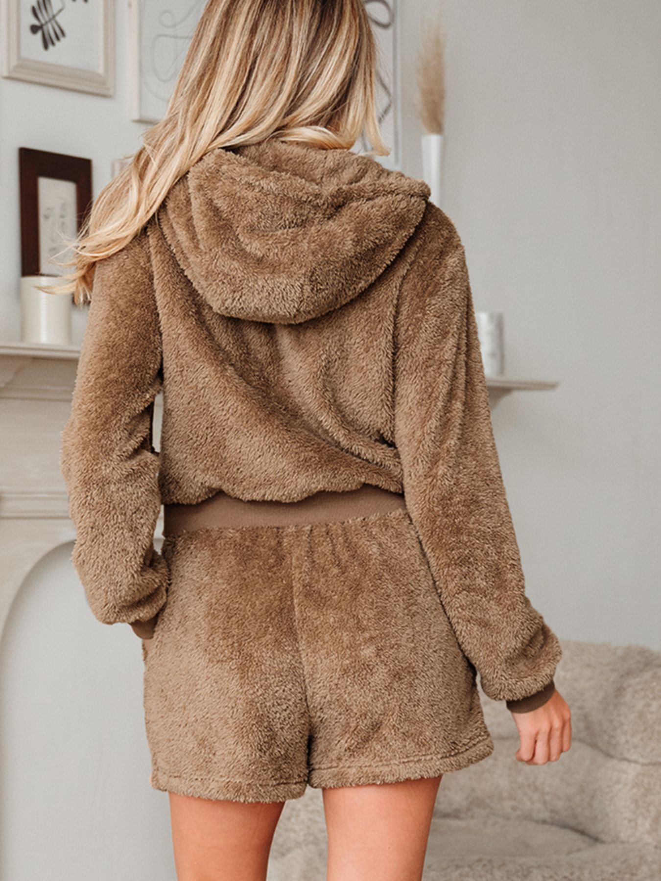 Zip Up Hoodie and Drawstring Shorts 2pcs Outfit