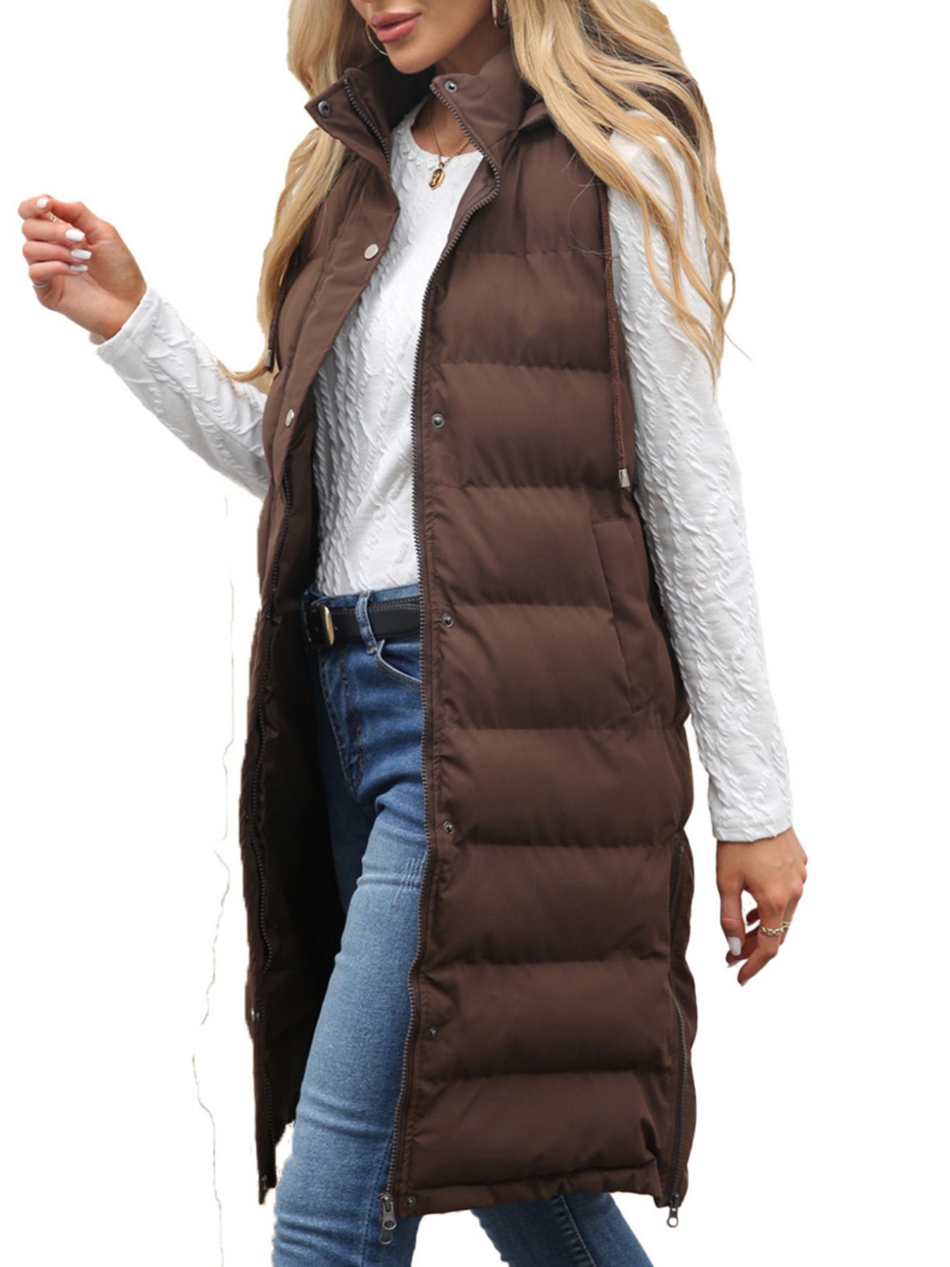 Full Size Snap Down Hooded Padded Longline Vest Coat Plus Size