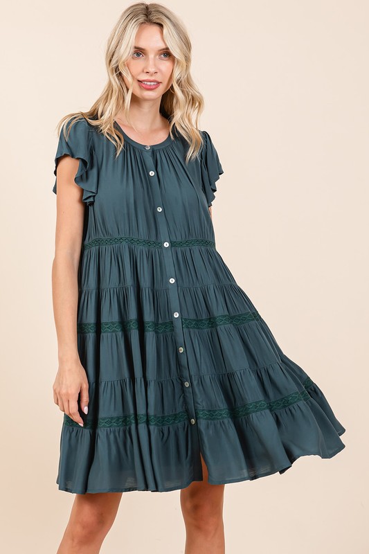 Lace Detail Ruffled Button Down Tiered Dress