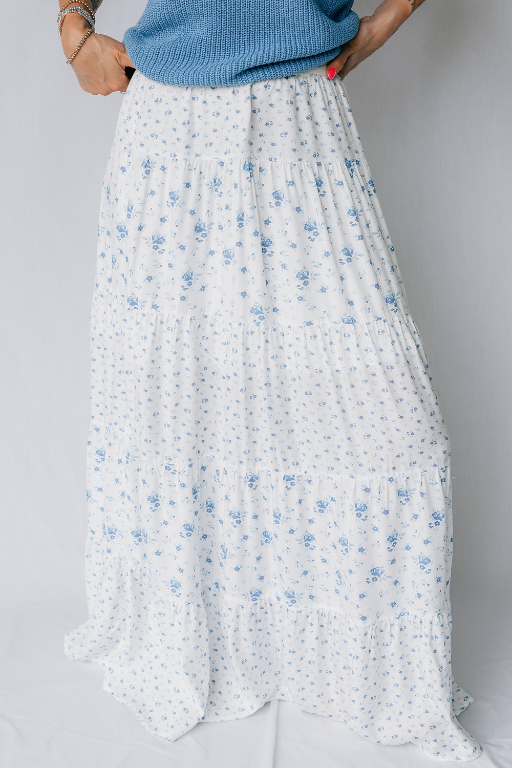 High Waist Tiny Floral Print Boho Maxi Skirt