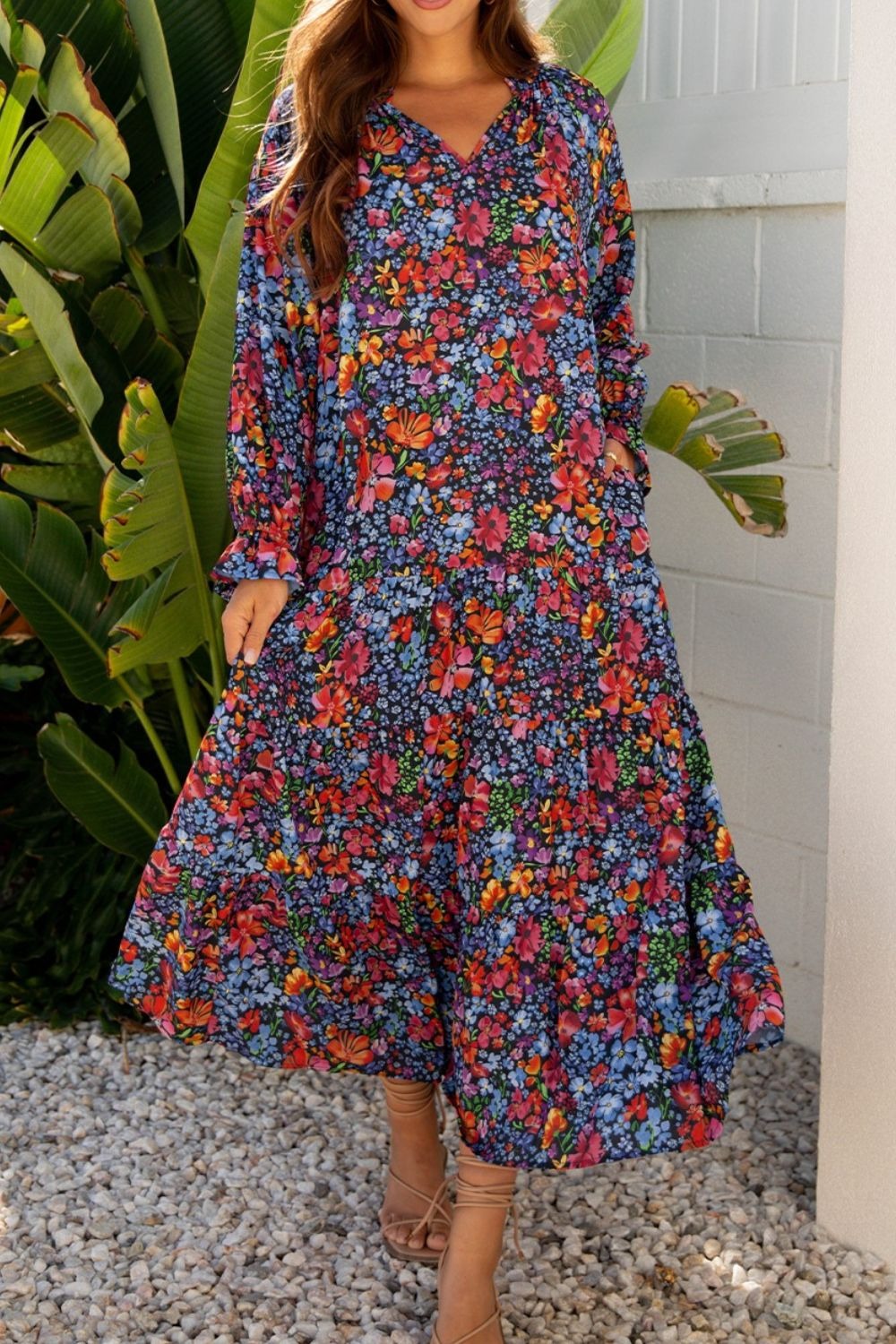 Floral Print Flounce Sleeve Dress