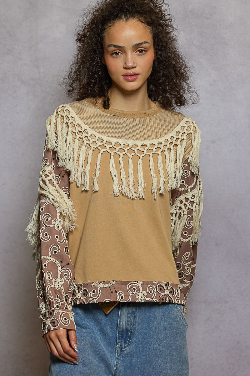 Contrast Floral Embroidery Balloon Sleeve Top with Tassel Trim