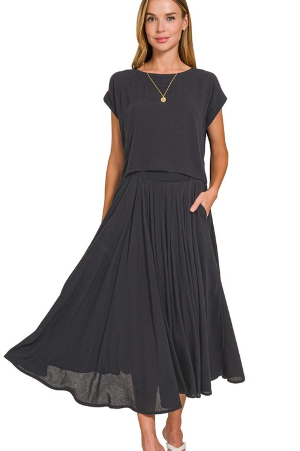 Woven Crinkle Gauze Crop Tee and Skirt Set