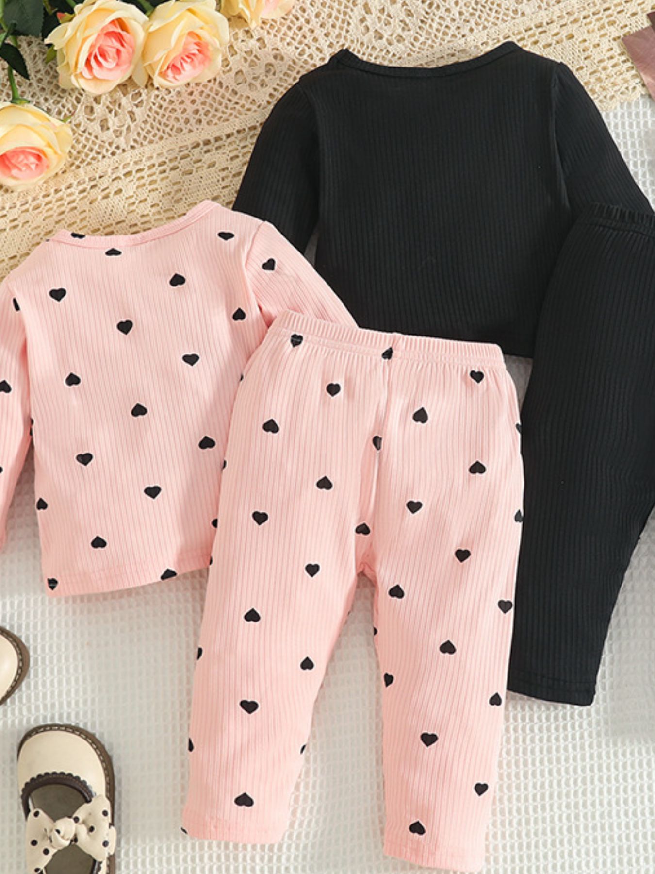 Children's Heart Print Ribbed Top and Pants Set