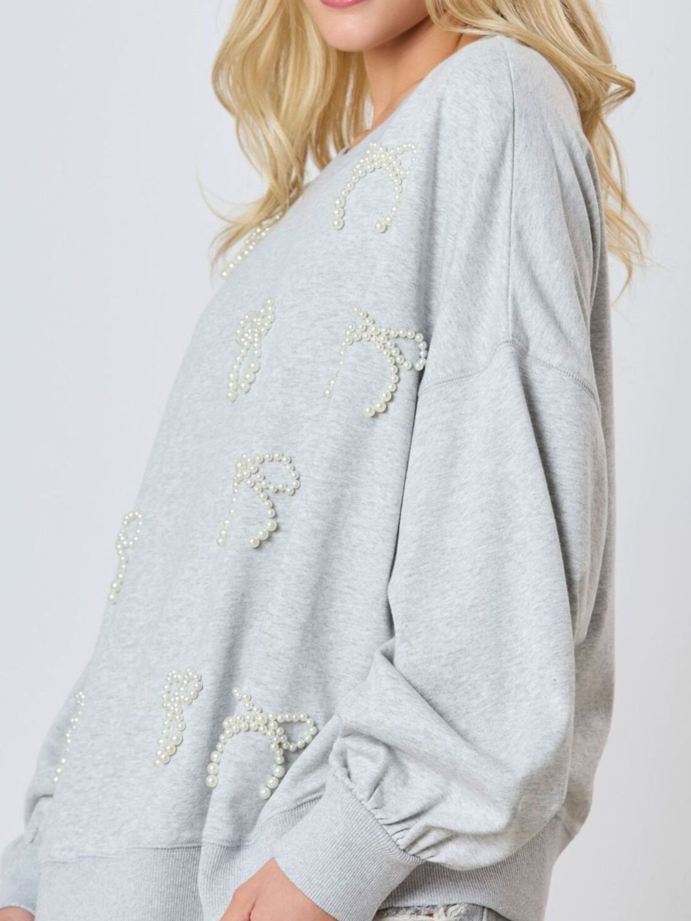 Pearl Embellished Bow Long Sleeve Sweatshirt