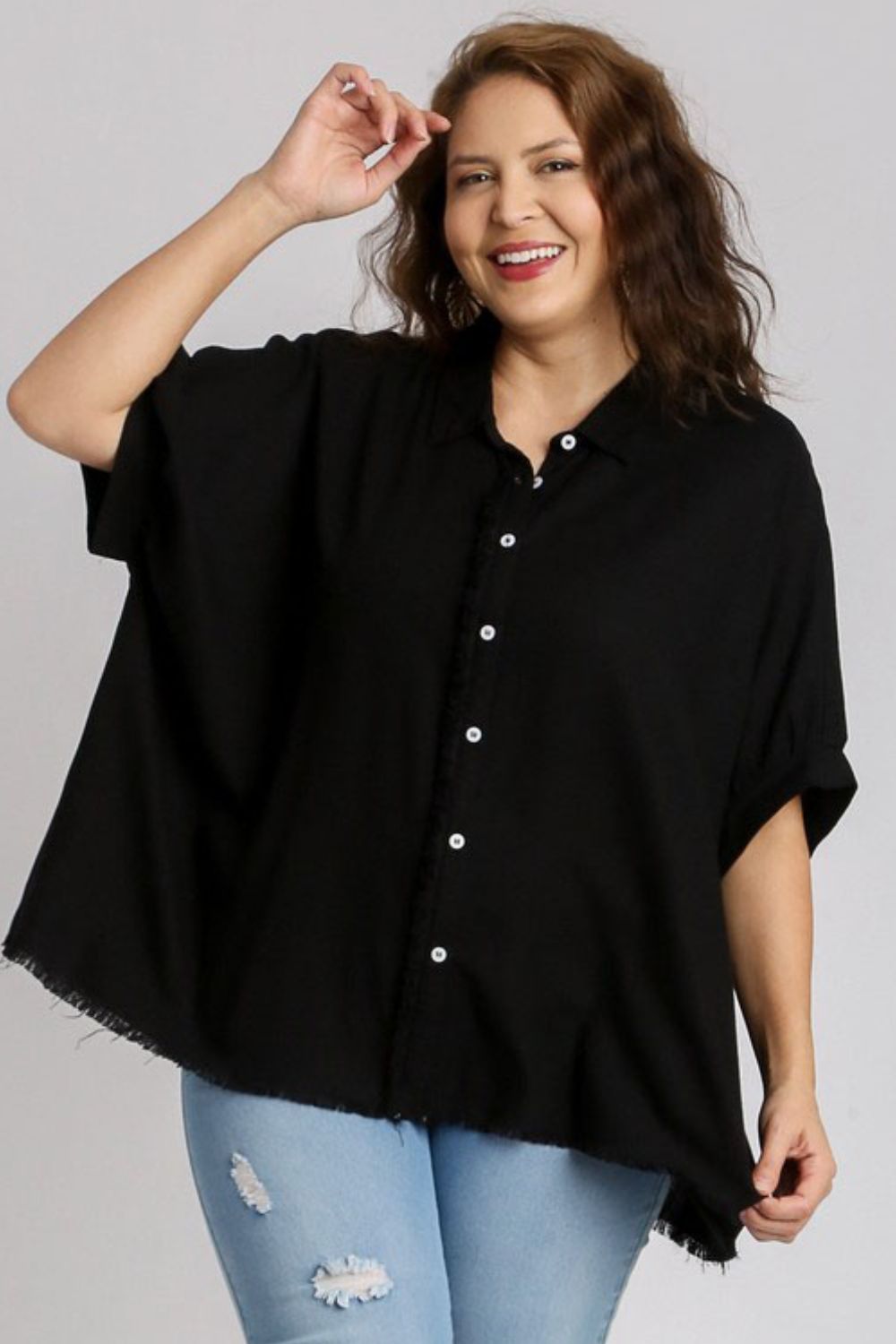 Umgee Full Size Linen Blend Button Down Shirt Plus Size