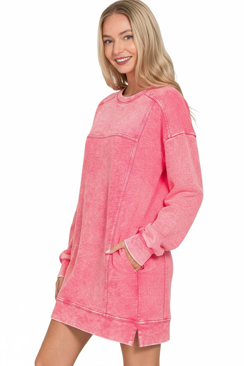 French Terry Acid Washed Dress with Pockets