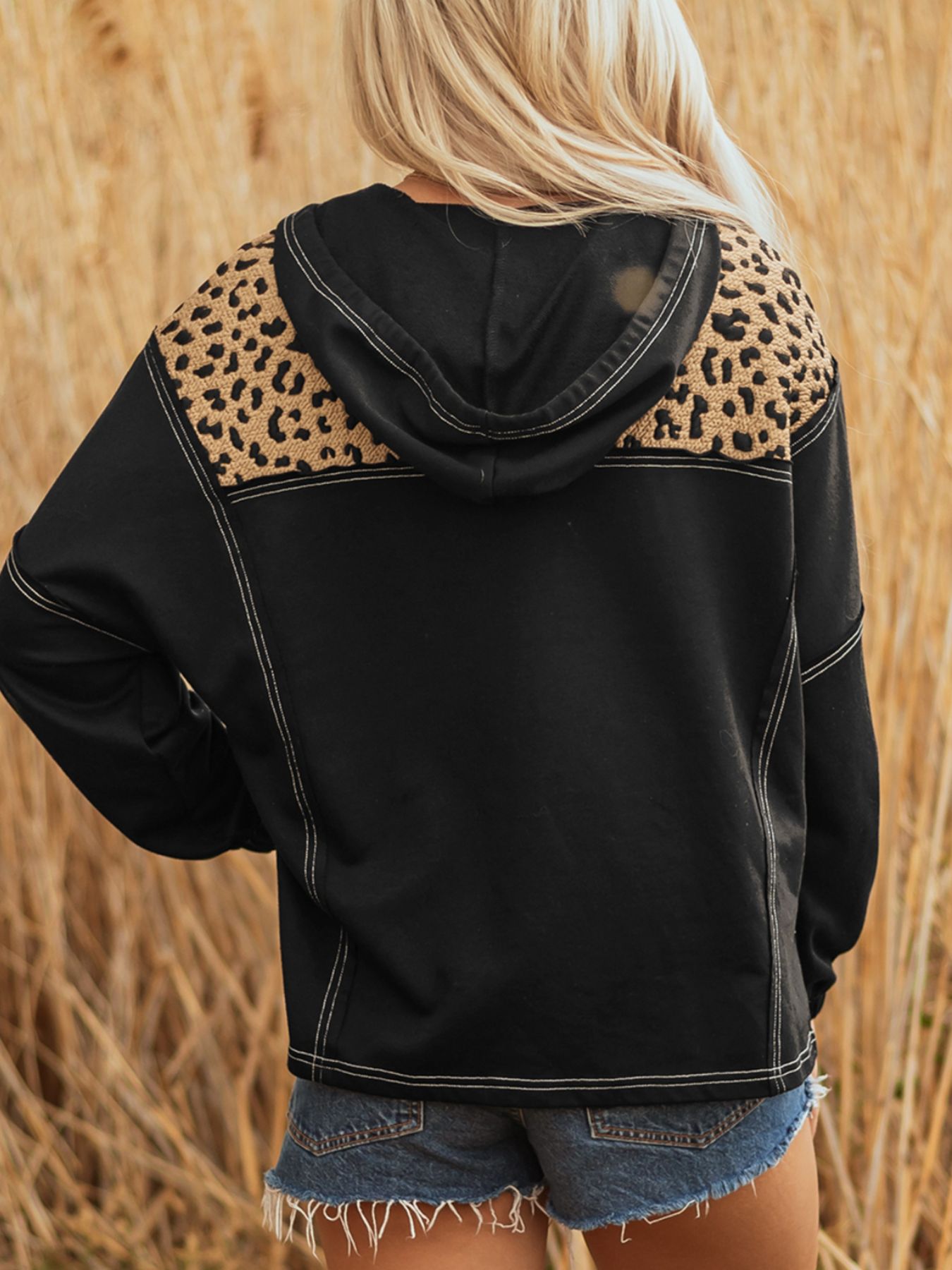 Leopard Patchwork Contrast Stitching Knotted Cuff Quarter Zip Hoodie