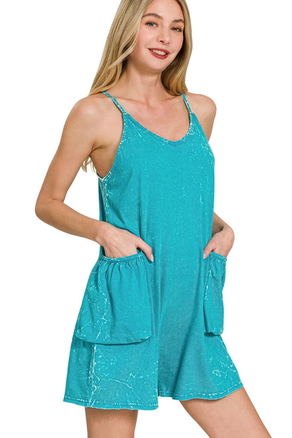 Acid Crinkle Washed Spaghetti Strap Romper