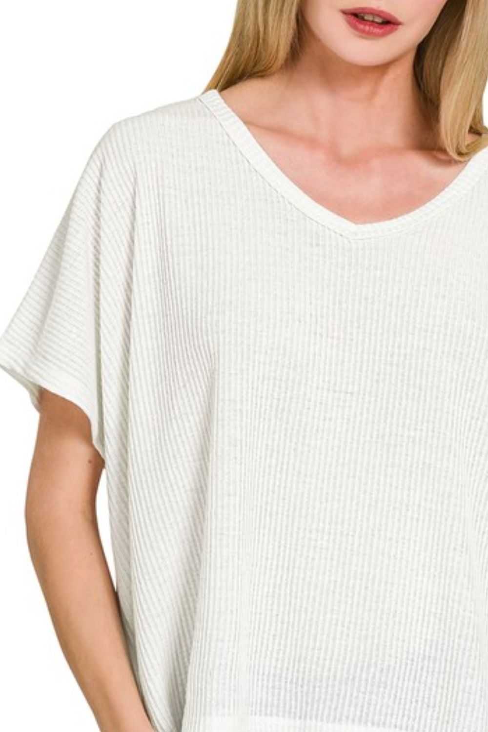 Ribbed V-Neck Short-Sleeve Knit Top