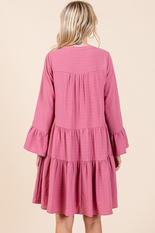 Tiered Notched Flare Sleeve Dress
