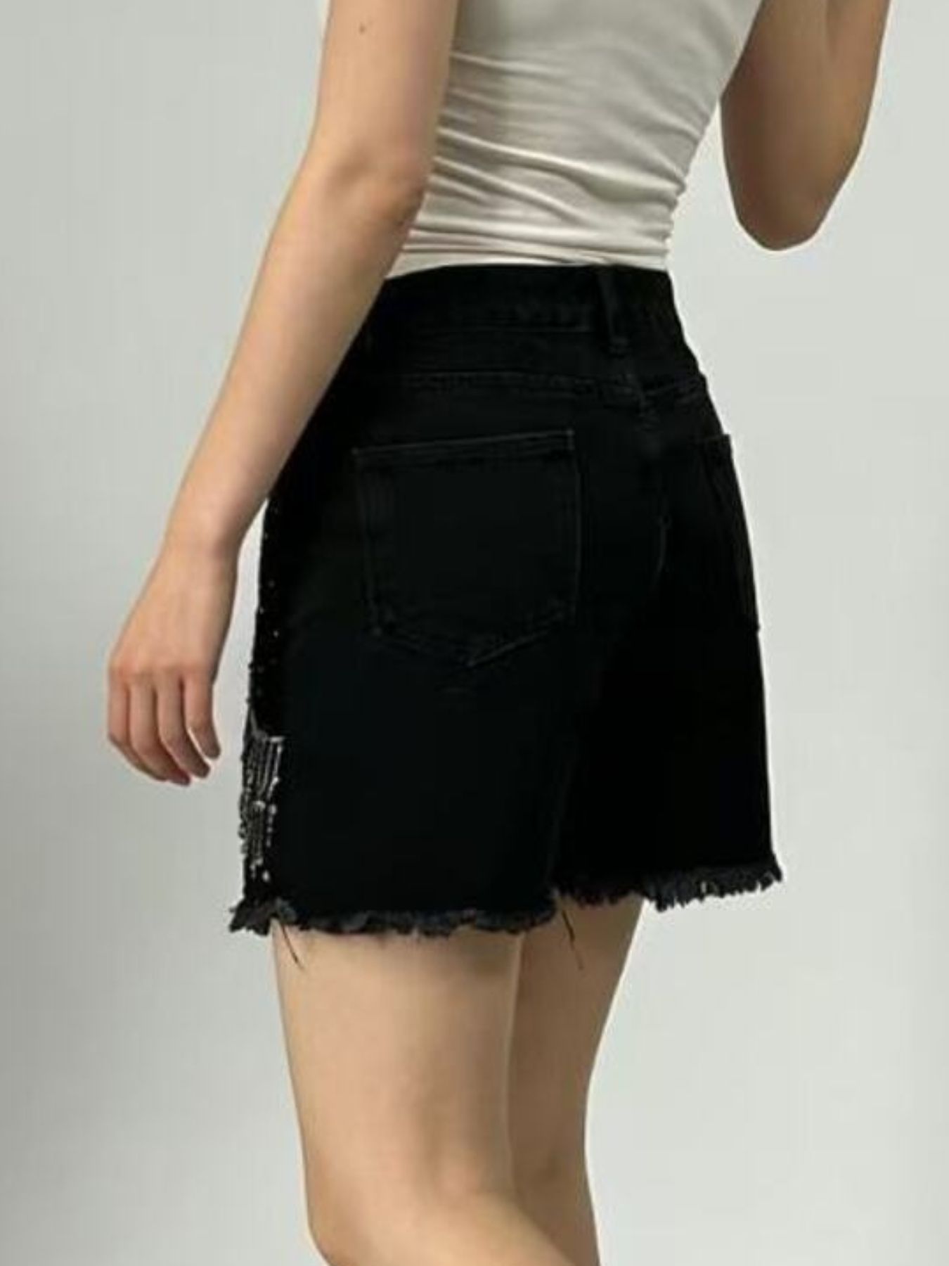 Rhinestone Chain Raw Hem Denim Shorts view 5