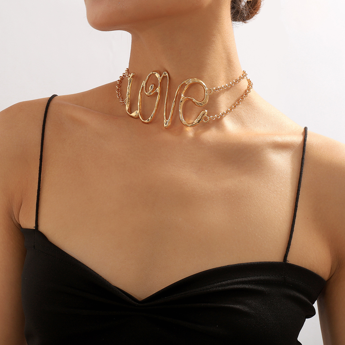 Gold Wire Love Script Statement Necklace