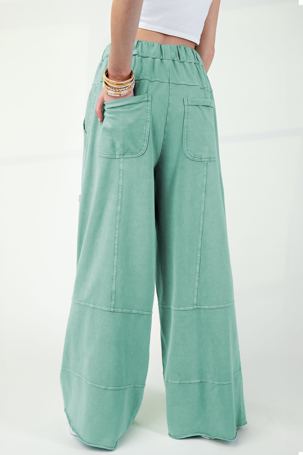 Mineral Wash Exposed Seam Drawstring High Waist Wide Leg Cargo Pants