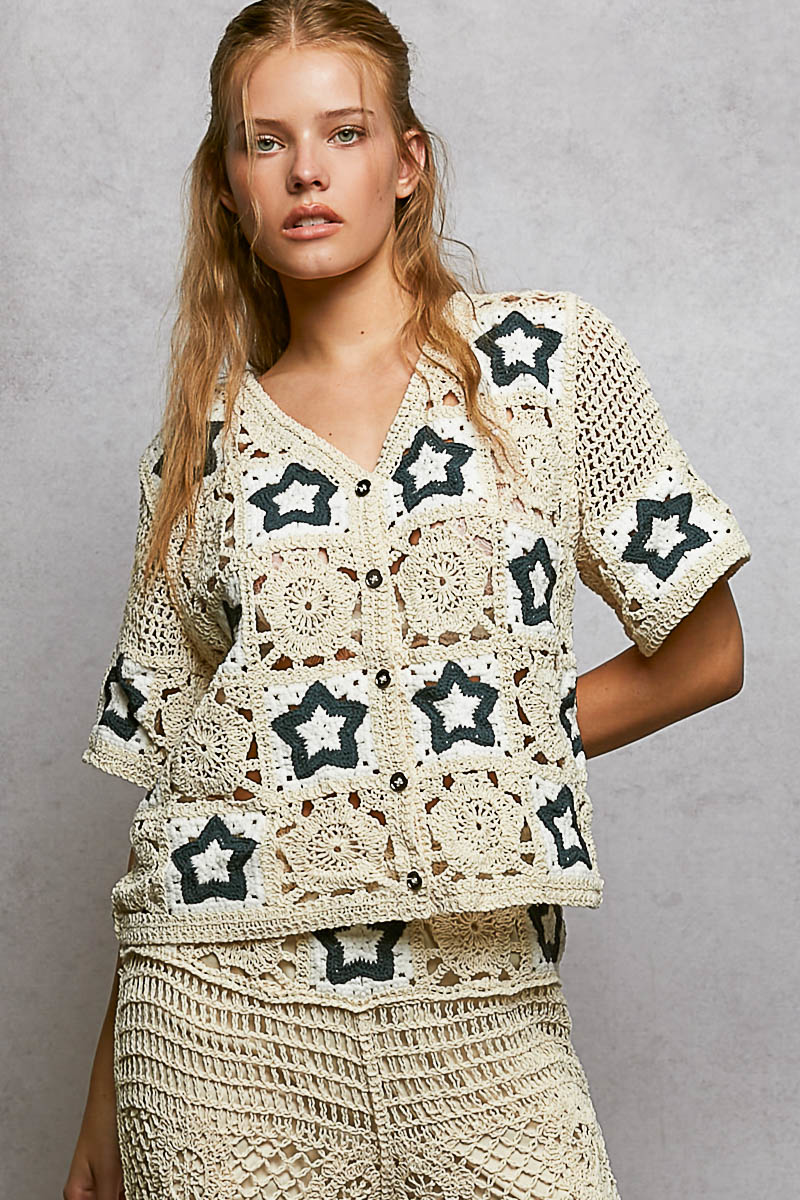 Button Front V-Neck Crochet Cardigan with Contast Star