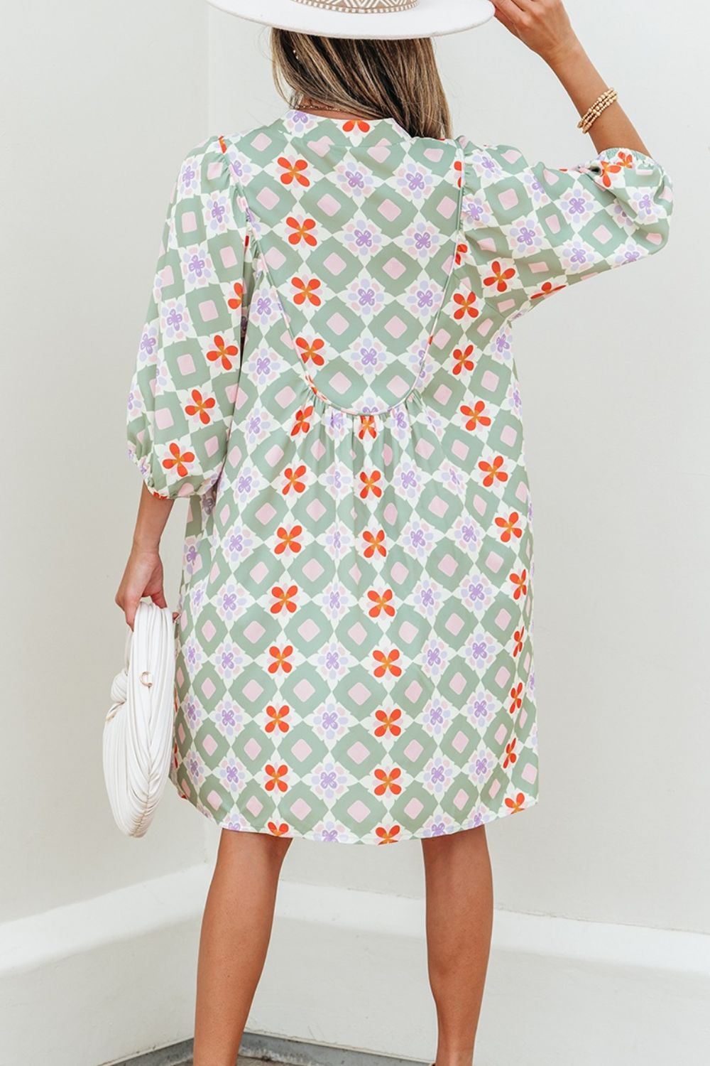 Printed Notched 3/4 Balloon Sleeves Loose Dress