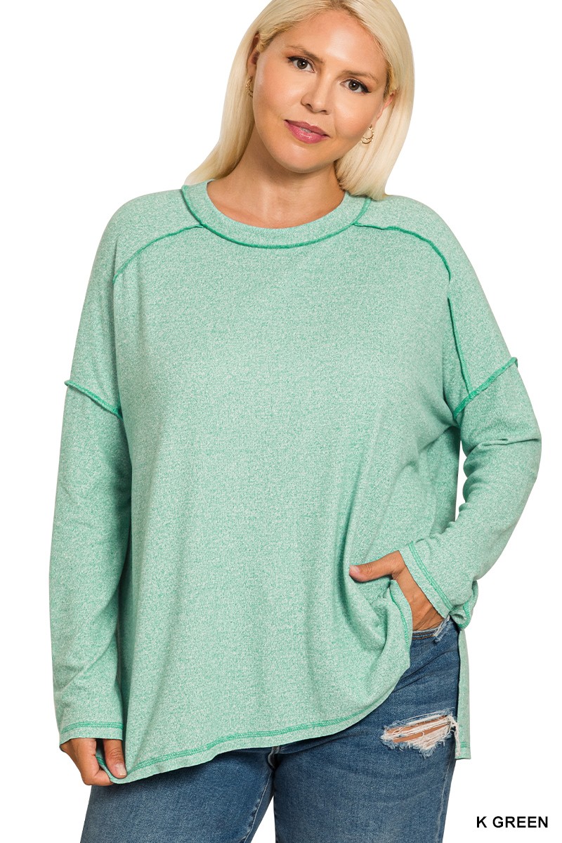 Full Size Melange Hacci Exposed Seam Hi-low Tee Plus Size