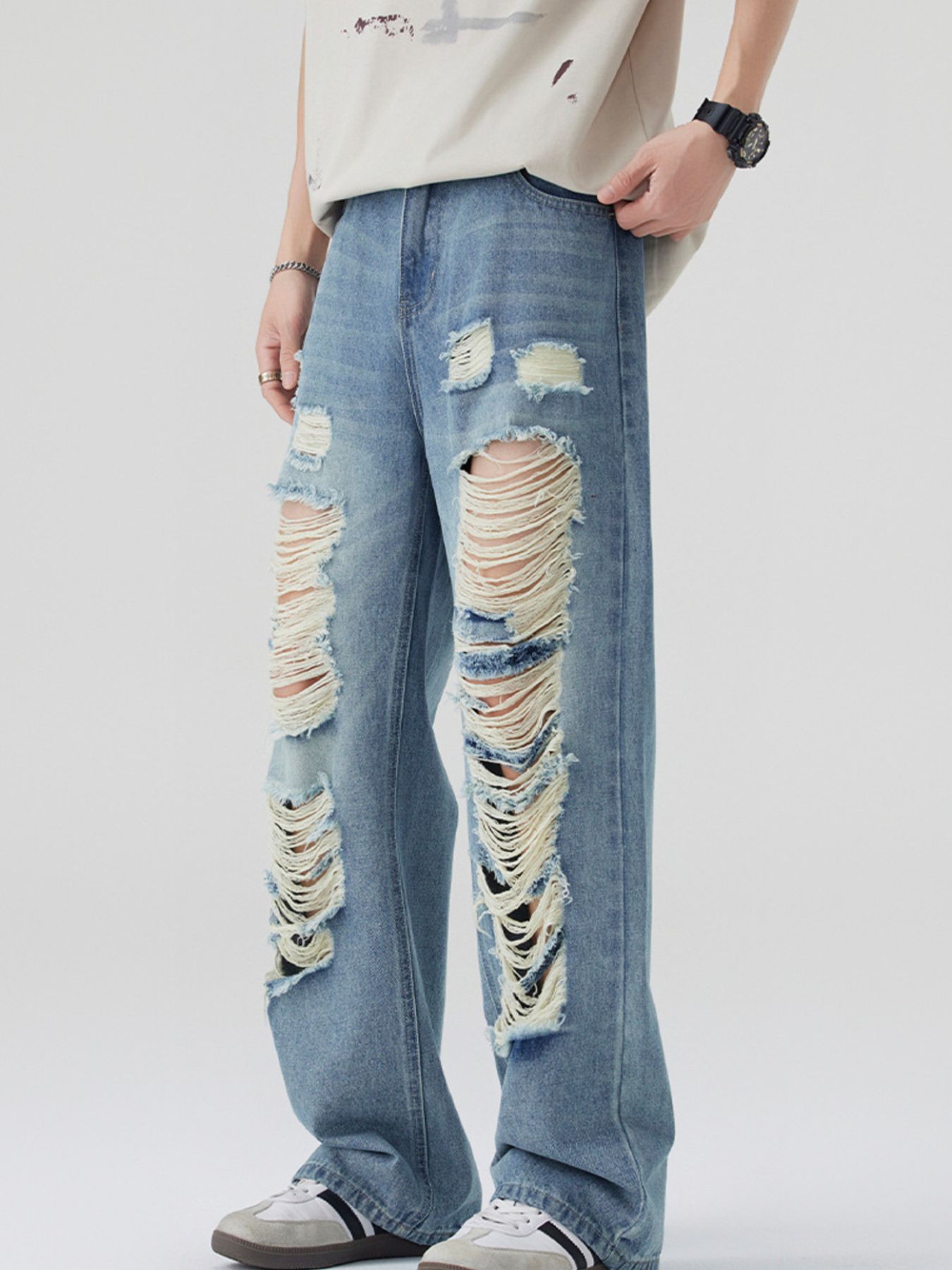 Men's Full Size Distressed Wide Leg Jeans Plus Size