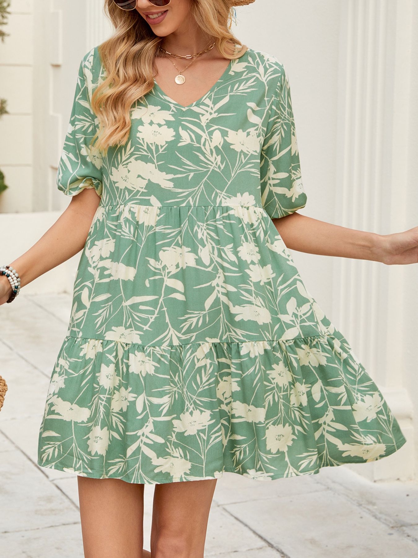 Printed V-Neck Ruffle Hem Mini Dress