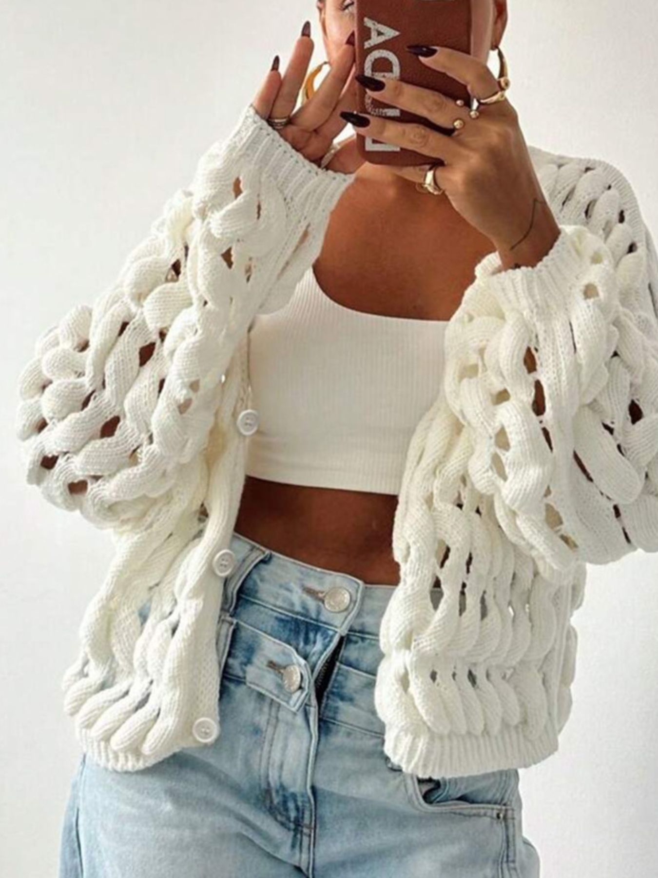 Openwork Button Up V-Neck Cardigan