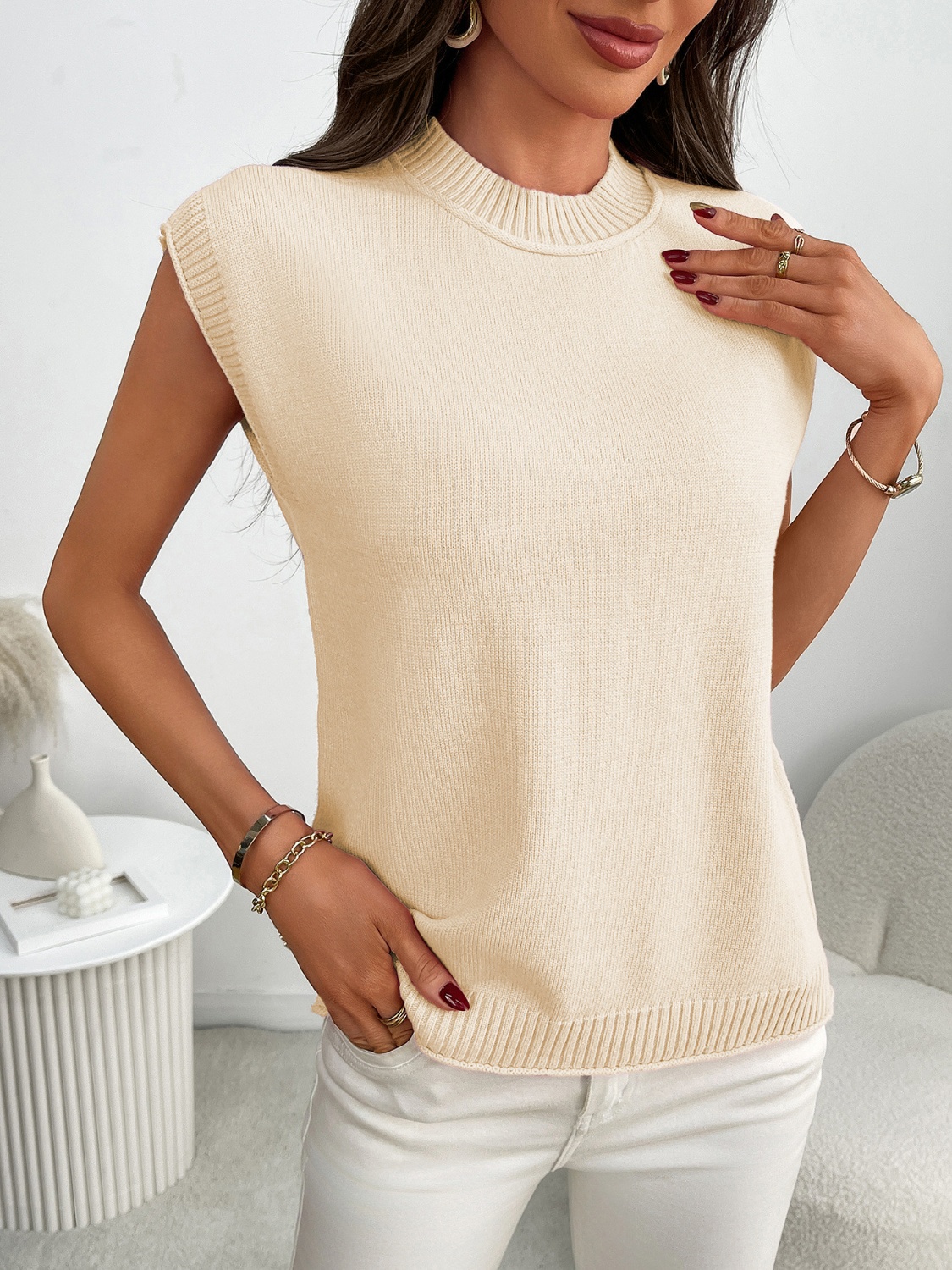 Mock Neck Cap Sleeve Knit Top