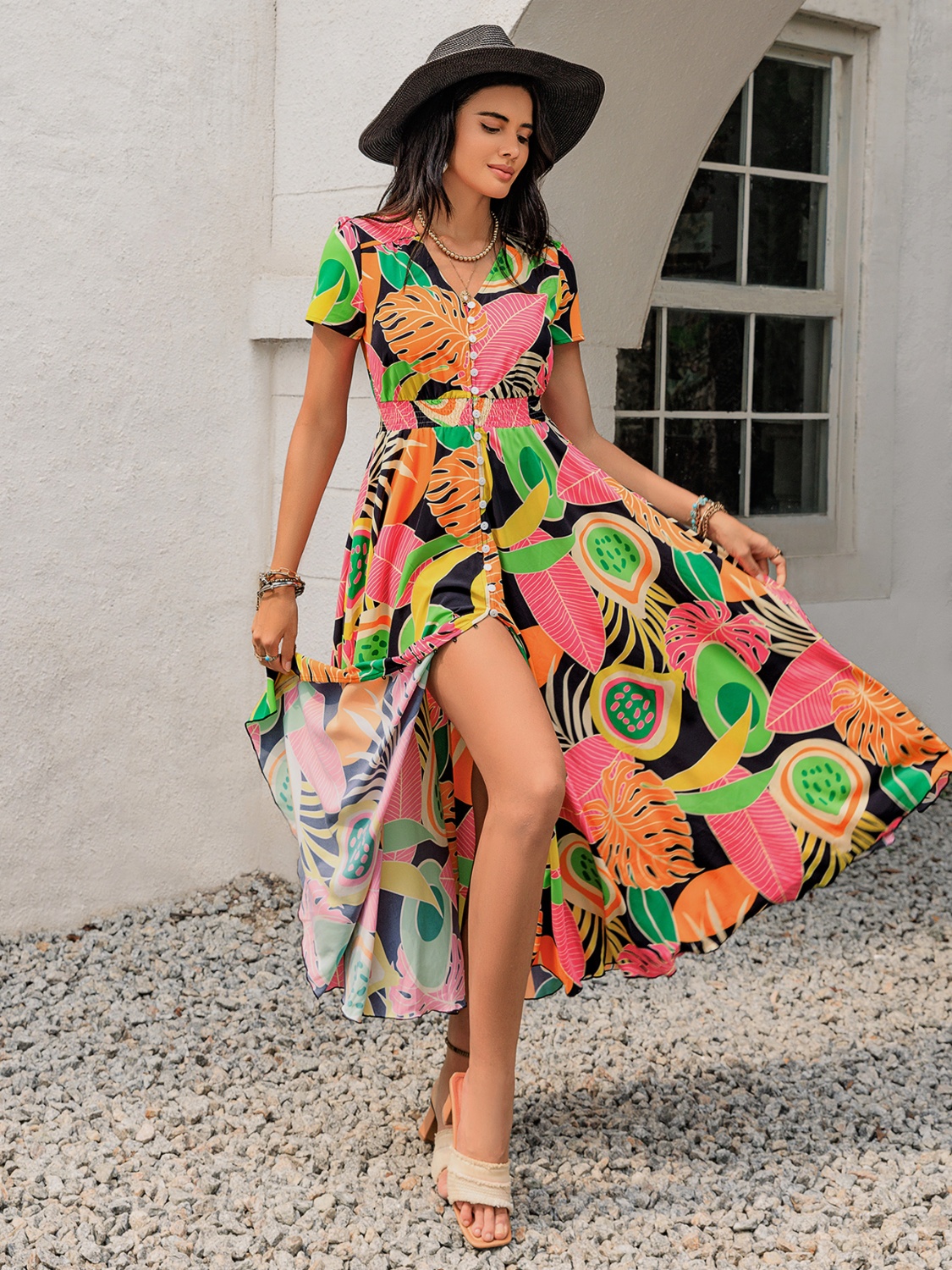 Tropical Print V-Neck Short Sleeve Midi Dress