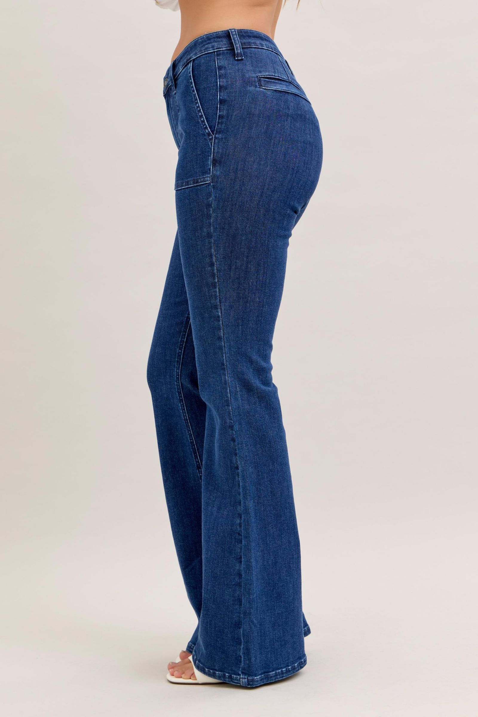 High Waist Flare Jeans with Front Patch Pockets