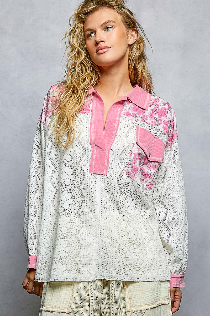 Floral Print Long Sleeve Lace Shirt with Front Pocket