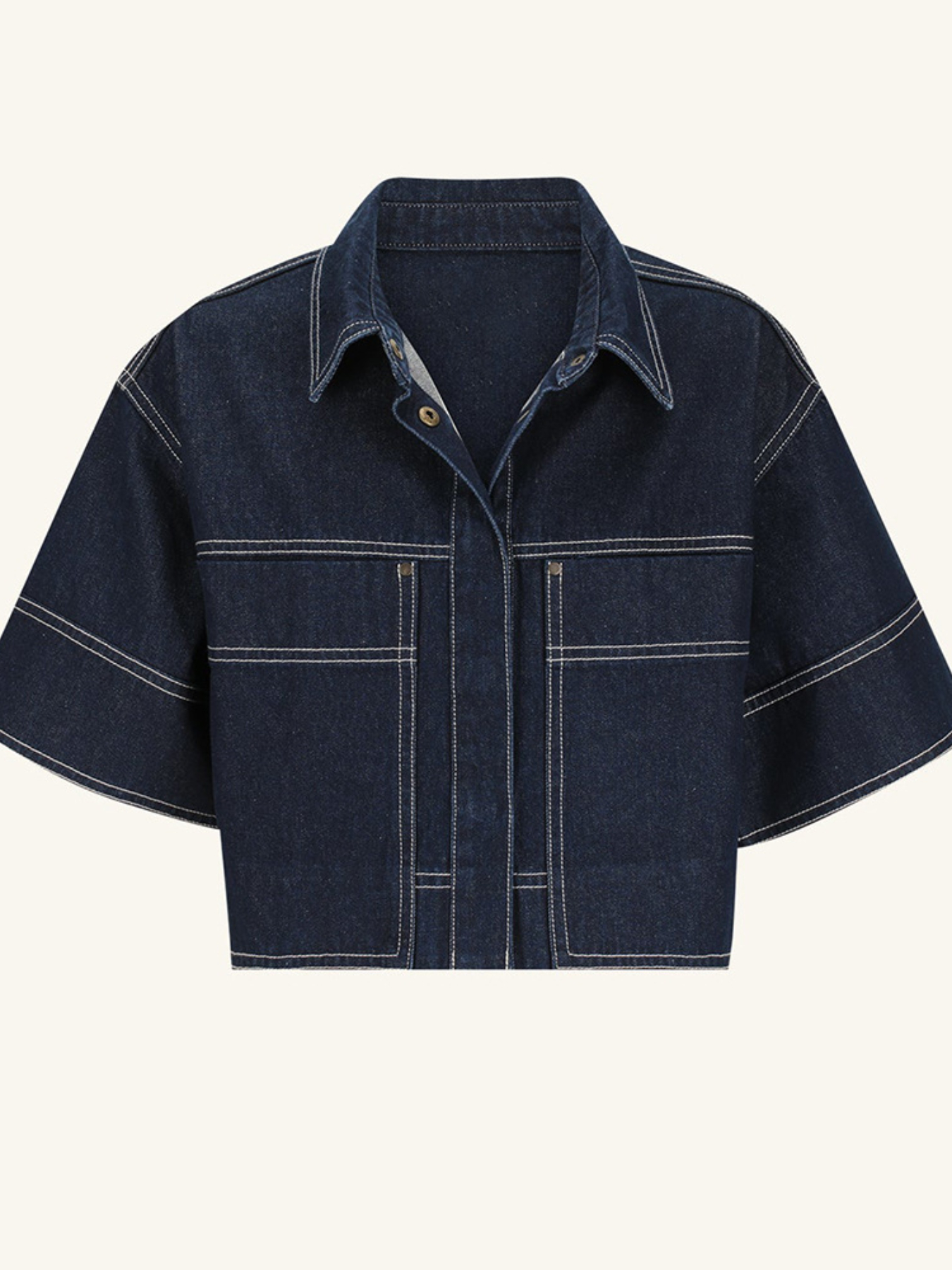 Cropped Short Sleeve Contrast Stitch Denim Top