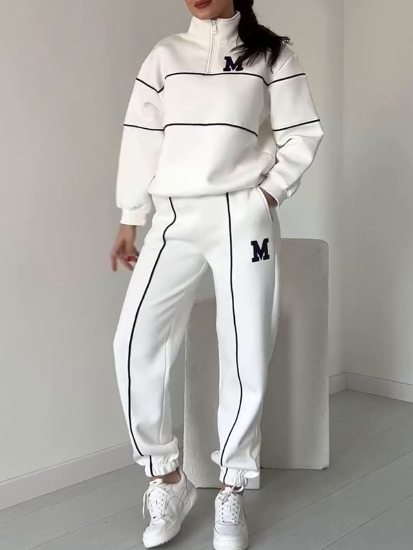 Full Size Striped Quarter Zip Top and Pants Set Plus Size
