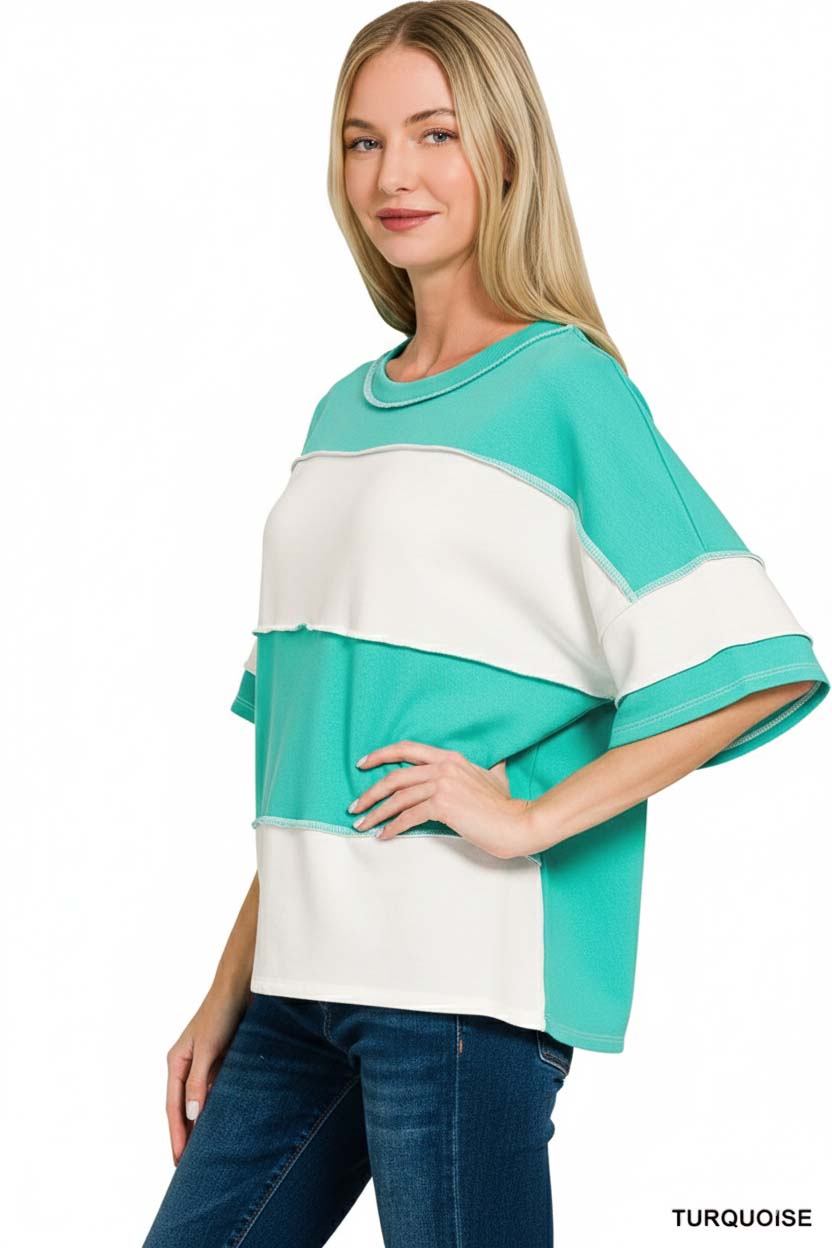 French Terry Color Block Exposed Seam Top