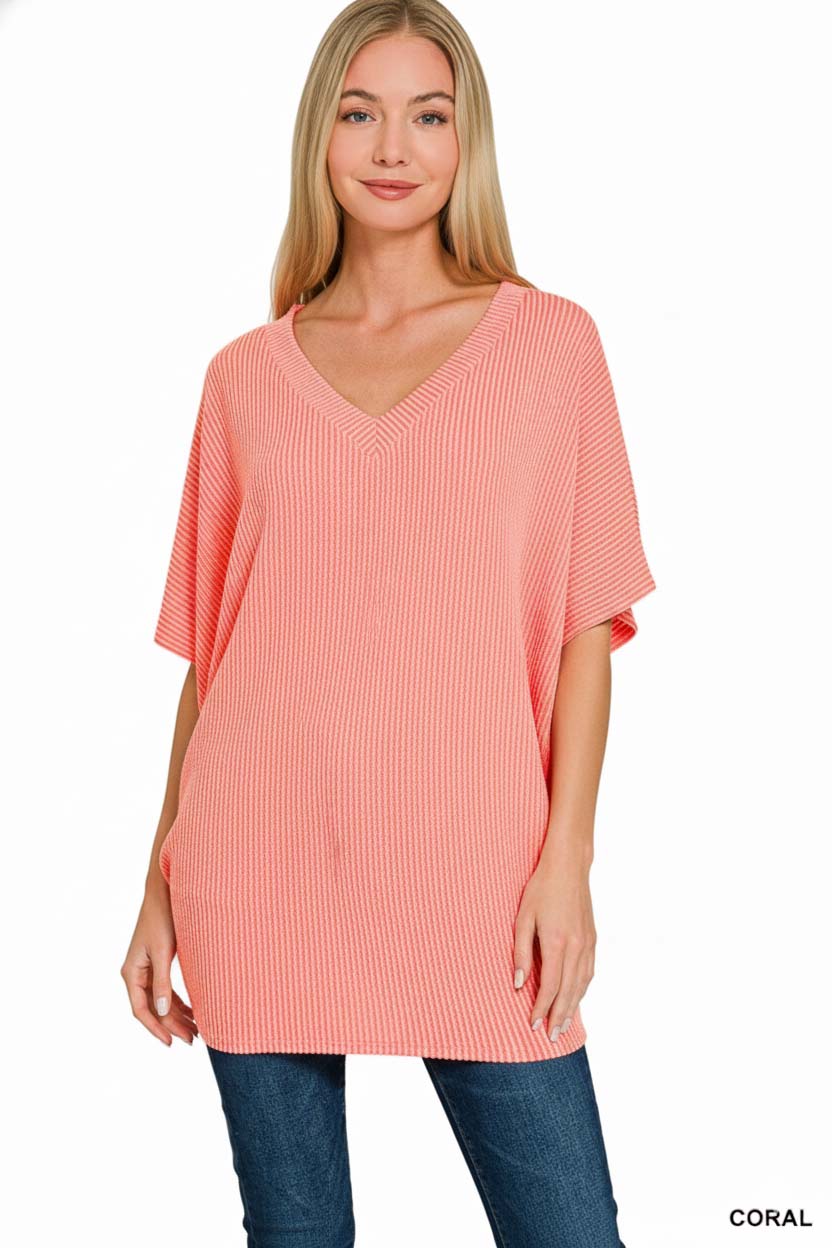 Raised Rib V-Neck Batwing Top