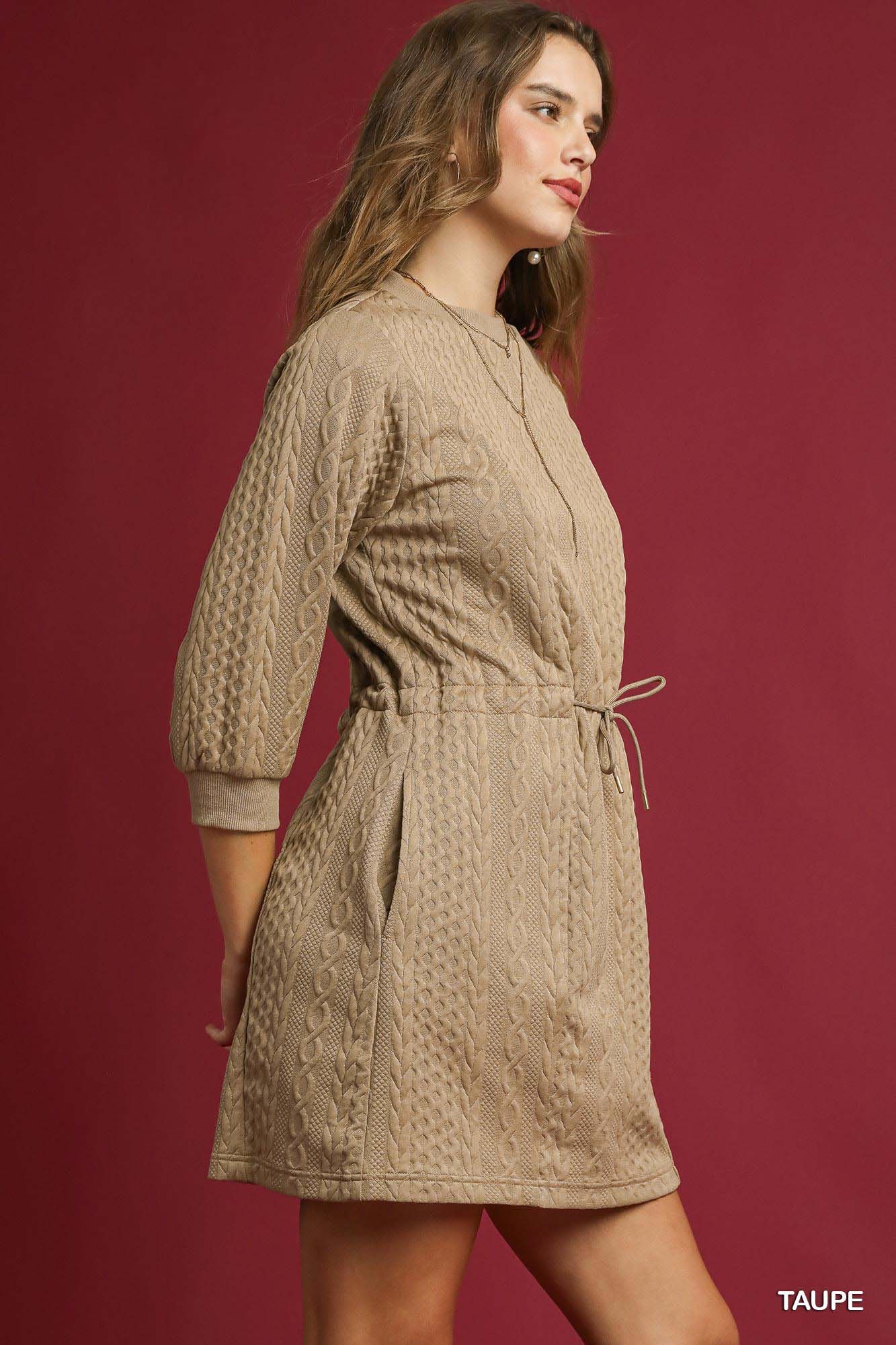 Umgee Drawstring Cable Knit Mini Dress with Pockets