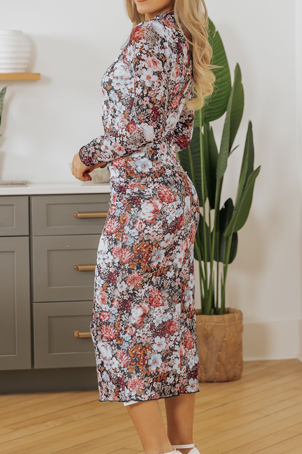 Printed Long Sleeve Midi Slim Dress