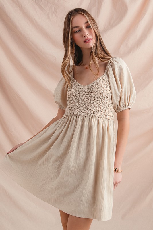 Textured Woven Daily Dress with Puff Sleeves
