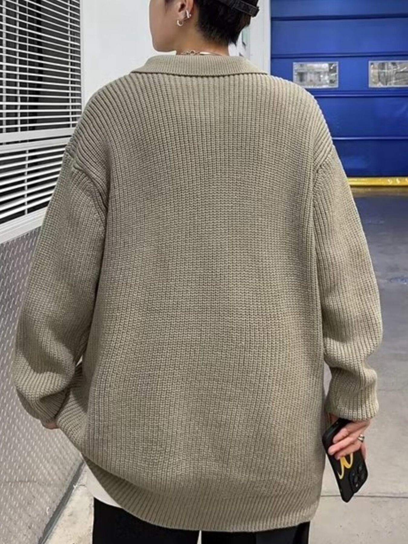 Men's Plus Size Quarter-Zip Collar Drop Shoulder Sweater