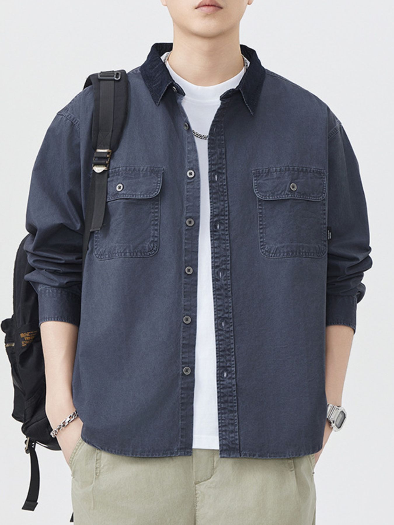 Men's Plus Size Button Up Shacket with Dual Chest Pockets