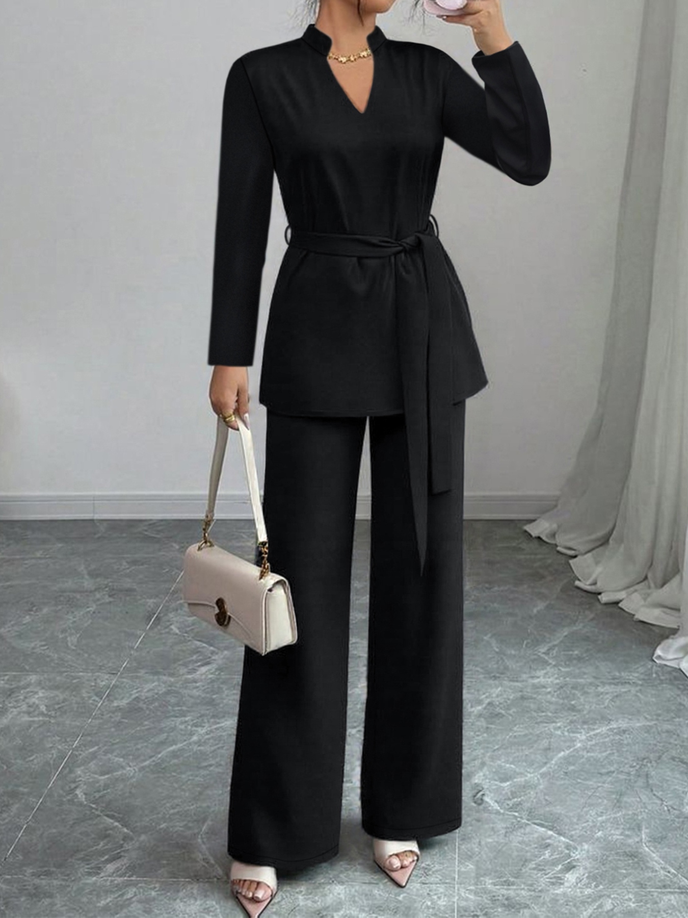Tie-Waist Long Sleeve Top and Pants Set