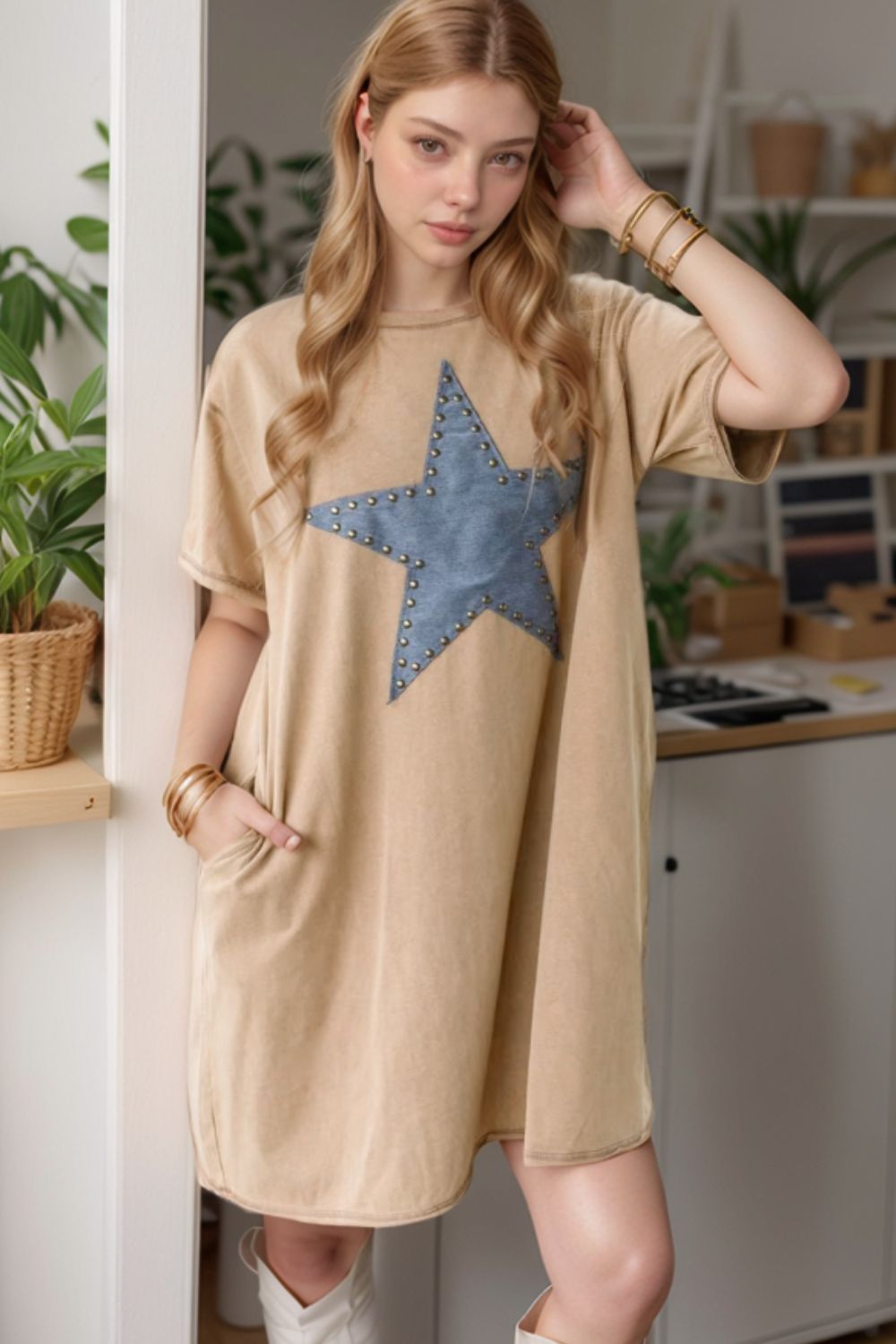 Mineral Wash Stud Beaded Star Pocketed T Shirt Dress