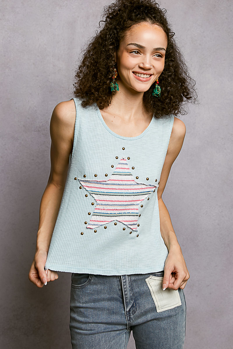 Round Neck Stud Point Ribbed Tank with Stripped Star Patch