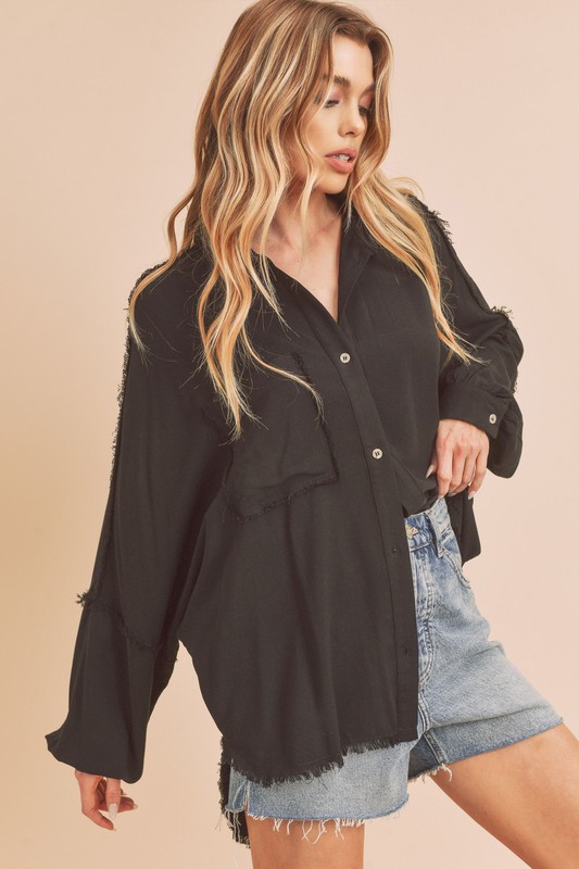 Raw Edge Exposed Seam Collared Neck Long Sleeve Shirt