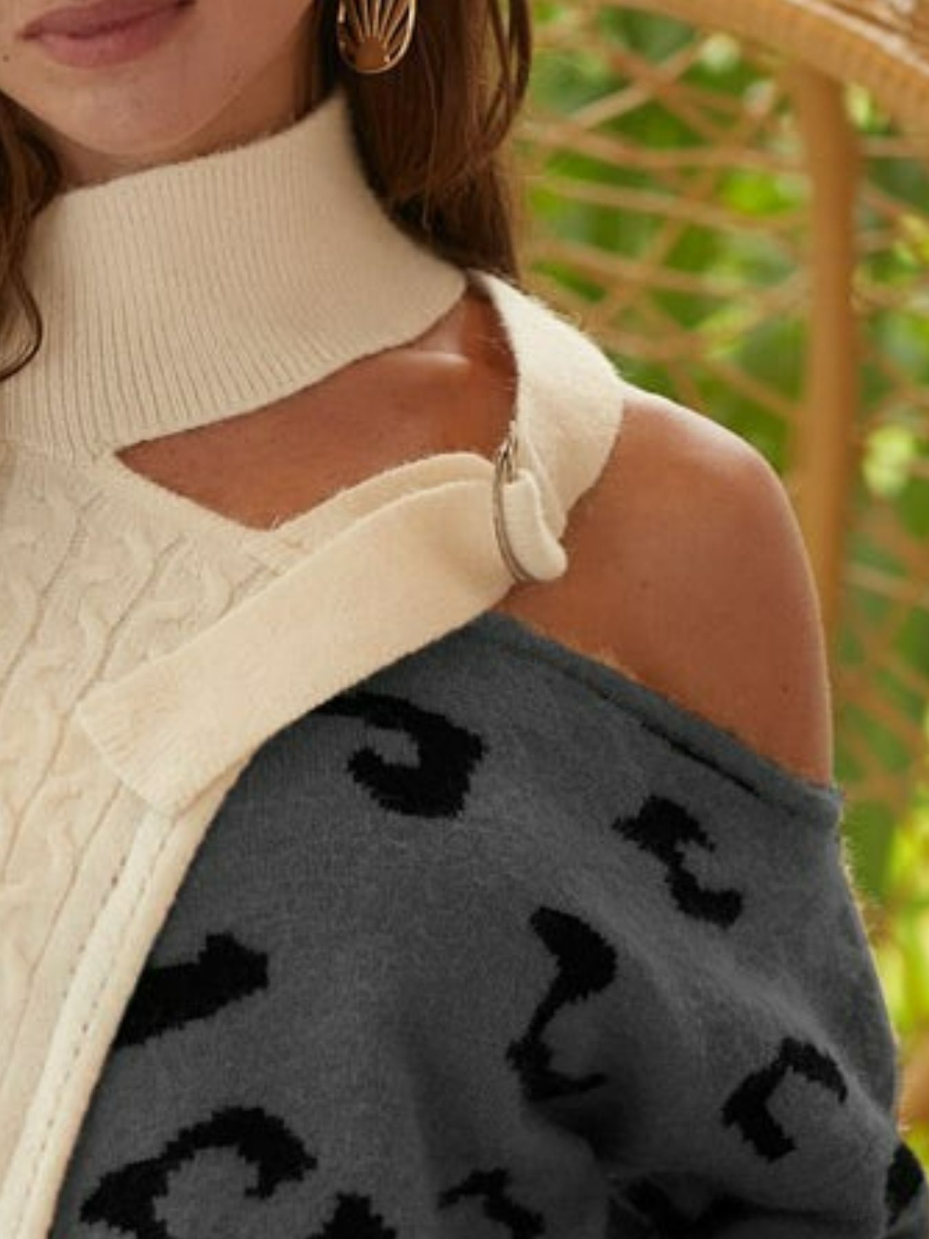 Cable-Knit Color Block One Shoulder Asymmetrical Sweater